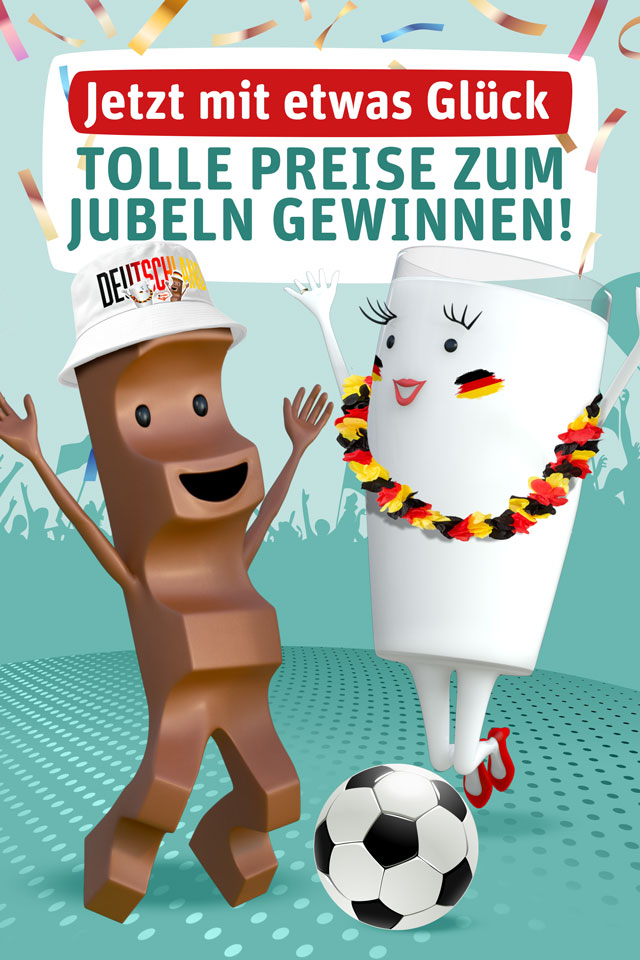 Milky und Schoki stehen jeweils rechts und links von einem Schild mit der Aufschrift "Jetzt mit etwas glück tolle Preise zum Jubeln gewinnen" mit Konfetti aussen rum, wobei beide ihre Arme jubelnd nach oben strecken und Milky eine Blumenkette in Deutschlandfarben umhängen hat, sowie auf den Wangen rechts und links die Deutschlandfahne abgebildet hat. Schoki trägt einen Fischerhut mit kinder-Logo, Deutschland-Schriftzug und Milky & Schoki-Abbildung