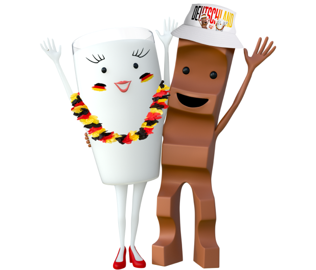 Milky und Schoki stehen nebeneinander und jubeln
