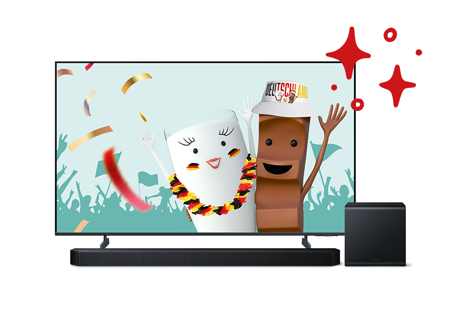 Abbildung eines Heimkino-Sets mit Fernseher, der Milky & Schoki im Fan-Look als Screen auf dem Bildschirm hat sowie einer Lautsprecherbox